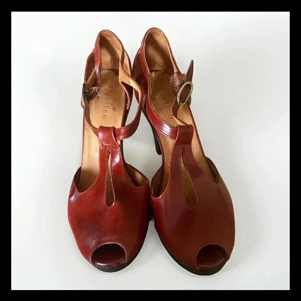 Coclico Women Block Heel Straps Peep Toe Pumps Brown Leather Size 39.5(9)